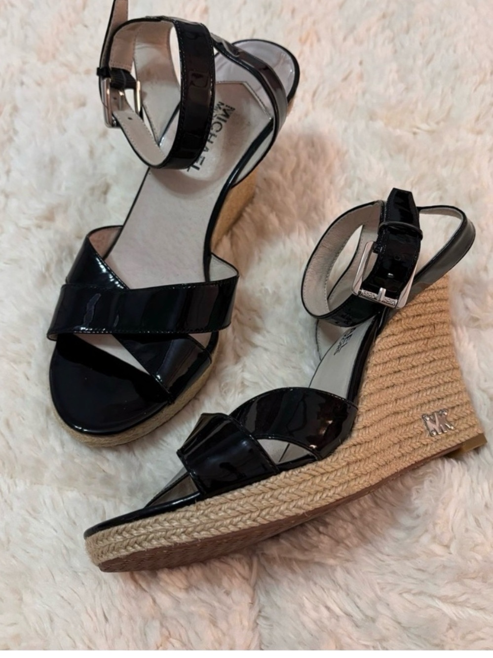 MICHAEL Michael Kors Black Patent Espadrille Wedge Sandals with Jute Wrap